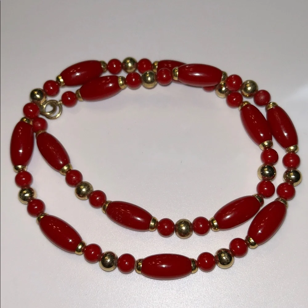 Red and Gold Tone Mid-Century Retro Art Deco Style 24 Inch Necklace Vintage